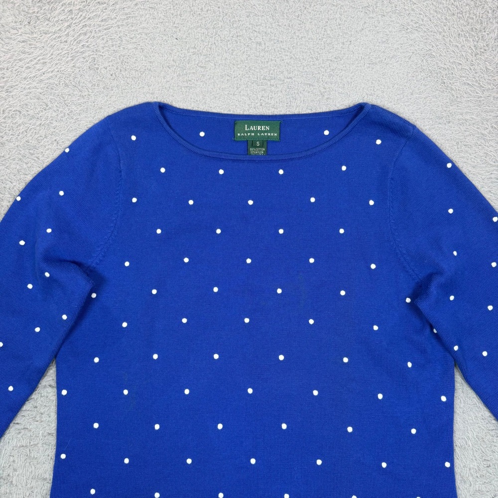 Lauren Ralph Lauren Blue Polka Dot Boat Neck 3/4 Sleeve Knit Top Small - Picture 3 of 10